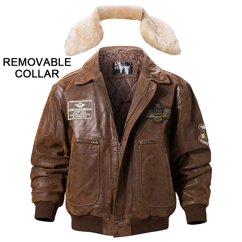FLAVOR New Men's Real Leather Bomber Jacket with Removable Fur