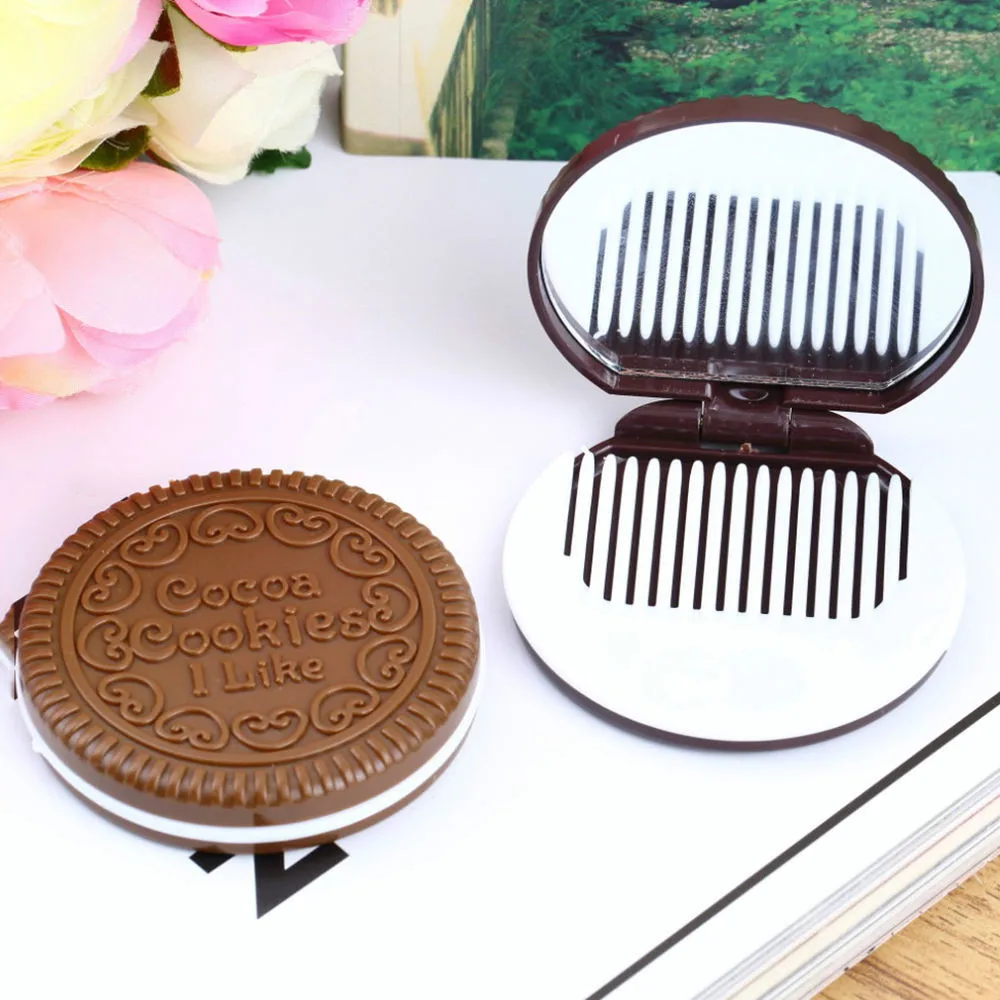 

Lovely Mirror compact Mini Cosmetic Makeup Pocket Mirror Dark Brown Cute Chocolate Cookie Shaped With Comb Mirror Makeup Tools