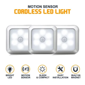 

6 LED Square Motion Sensor Night Lights PIR Induction Under Cabinet Light Closet Lamp Battery Powered for stairs kitchen bedroom