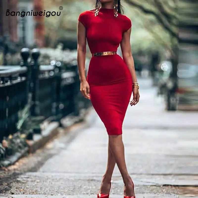 

Bangniweigou O Neck Short Sleeve Bodycon Solid Sheath Women Elegant Midi Dress Autumn Winter Cozy Fabric Party Dress Red Yellow