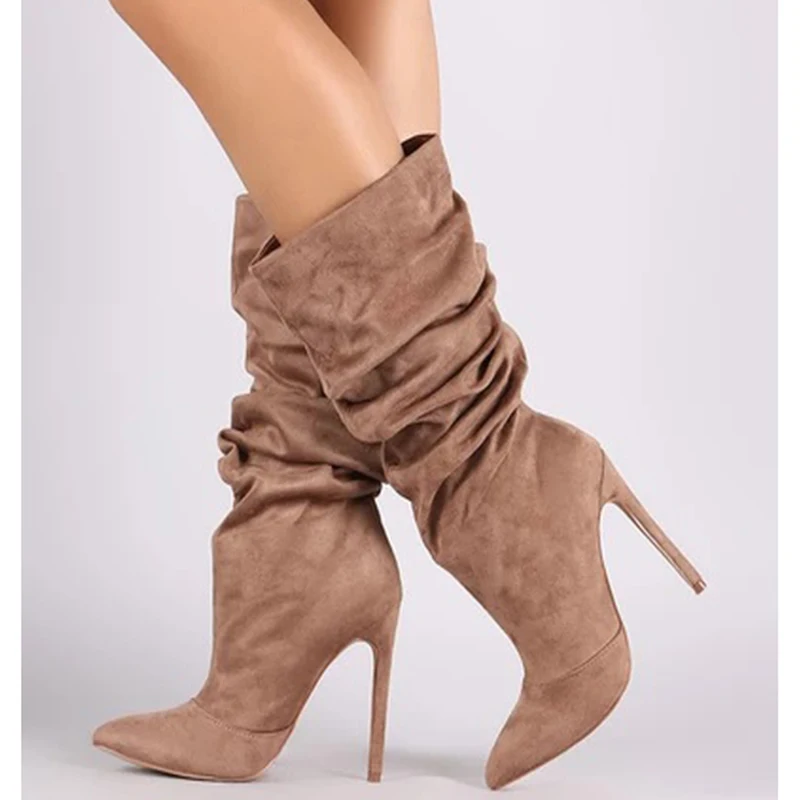 Skup Buty damskie moda szpilki buty zimowe szpiczasty nosek kobieta długie buty ciepły sztuczny zamsz średnio wysokie buty z cholewami Botas D25