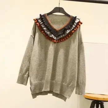 

2019 Autumn Knit Sweaters Casual Women V Neck Ruffle Pullovers Sweaters Korean Loose Cute Jumpers Sweater