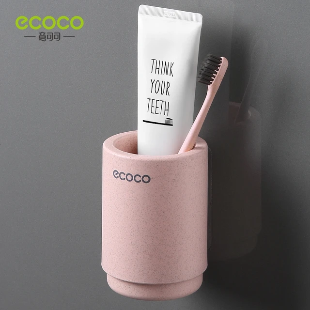 ECOCO Magnetic Adsorption Inverted Toothbrush Holder Simple Toothpaste Storage Rack with Wash Cup Punch Free Bathroom Sets Pink
