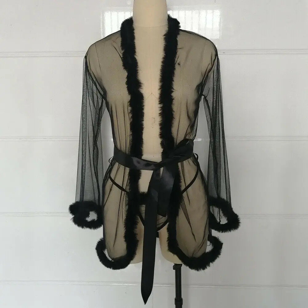 3 шт женское Сексуальное белье Babydoll с длинным рукавом перьевые халаты и стринги