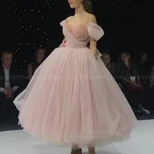 Винтажное розовое Тюлевое короткое платье для выпускного вечера с открытыми плечами жемчужное вышитое бисером вечернее платье длиной до чая бальное платье пышные платья