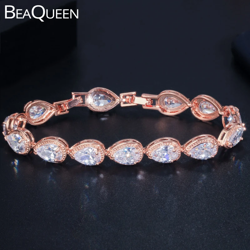 

BeaQueen Gorgeous Big Water Drop Cubic Zirconia Stones Tennis Bracelets Rose Gold Color Women Wedding Jewelry for Brides B173