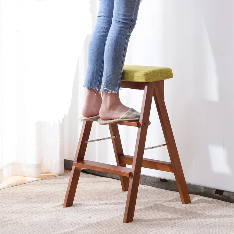  Folding Three Step Solid Wood Step Stool Home Foldable Ladder Indoor Multifunction Ladder Chair Kit - 4000330748591