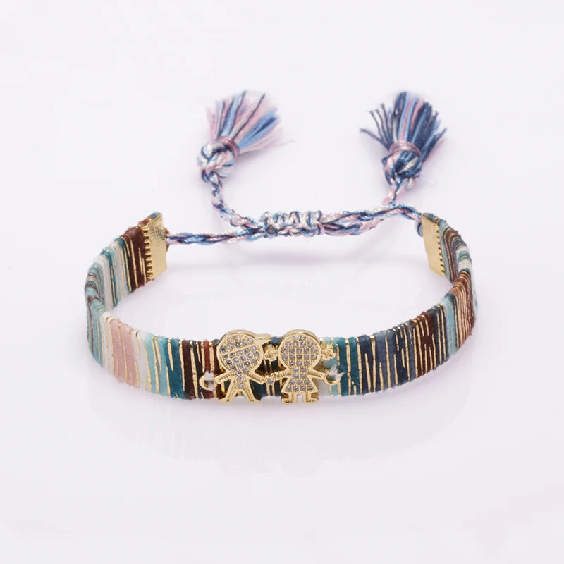 

5 pcs jewelry bohemia rainbow cz pave boy girl kid gold charm beads cotton silk wristband adjustable bracelet for woman gift
