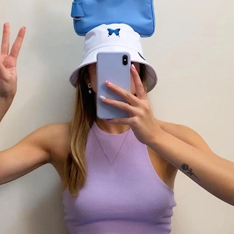 Panama with Butterfly Canvas Bucket Hat White Butterfly Embroidery Double-sided Wearable Basin Caps Outdoor Travel Visor Hat