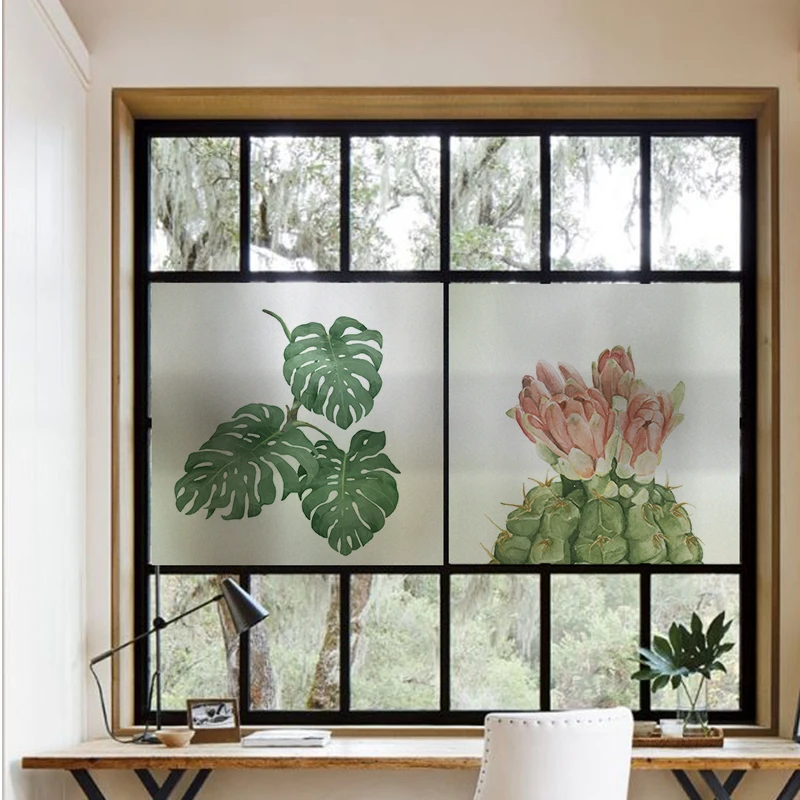 Window Privacy Film Vinyl Glass Sticker Non-Adhesives Window Clings Static Cling Window decor Decal Cactus Plants GS024