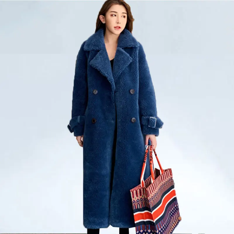 Минни Маус Abrigos Mujer Invierno натуральном овечьем меху пальто, шерстяное пальто зимняя куртка Для женщин Повседневное парка длинное пальто с поясом для женщин - Цвет: Blue
