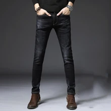Зимние новые стильные потертые и плотные джинсы, Мужские обтягивающие эластичные Теплые повседневные узкие брюки в Корейском стиле, универсальная мужская одежда