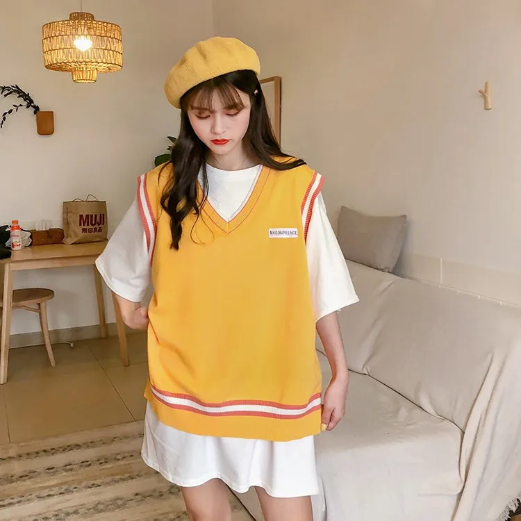 

V Neck Knit Sweater Vest Waistcoat Top Women Sleeveless Pullover 2021 Autumn Korean Style Stripe Patchwork Casual Loose