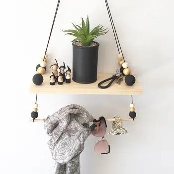 

Nordic Style Double Wood Hanging Storage Deck Clothes Beads Gift Organizer Wall Shelf Home Kids Room Living Room Rack Decorative