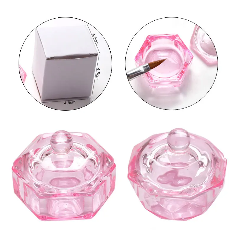 1PC Pink Crystal Glass Acrylic Powder Liquid Nail Cup Dappen Dish Lid Bowl Cup Holder Equipment Nail Art Tools