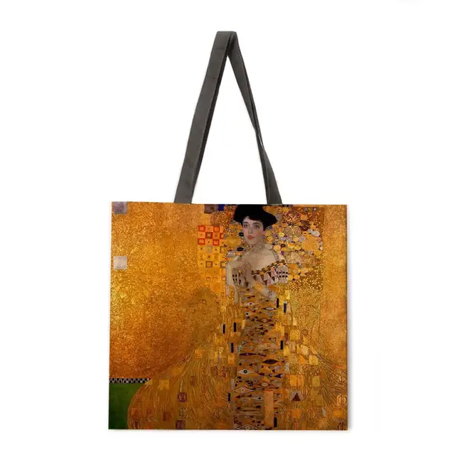 Golden oil painting leisure tote bag linen bag reusable shopping bag outdoor beach bag leisure tote bag 4