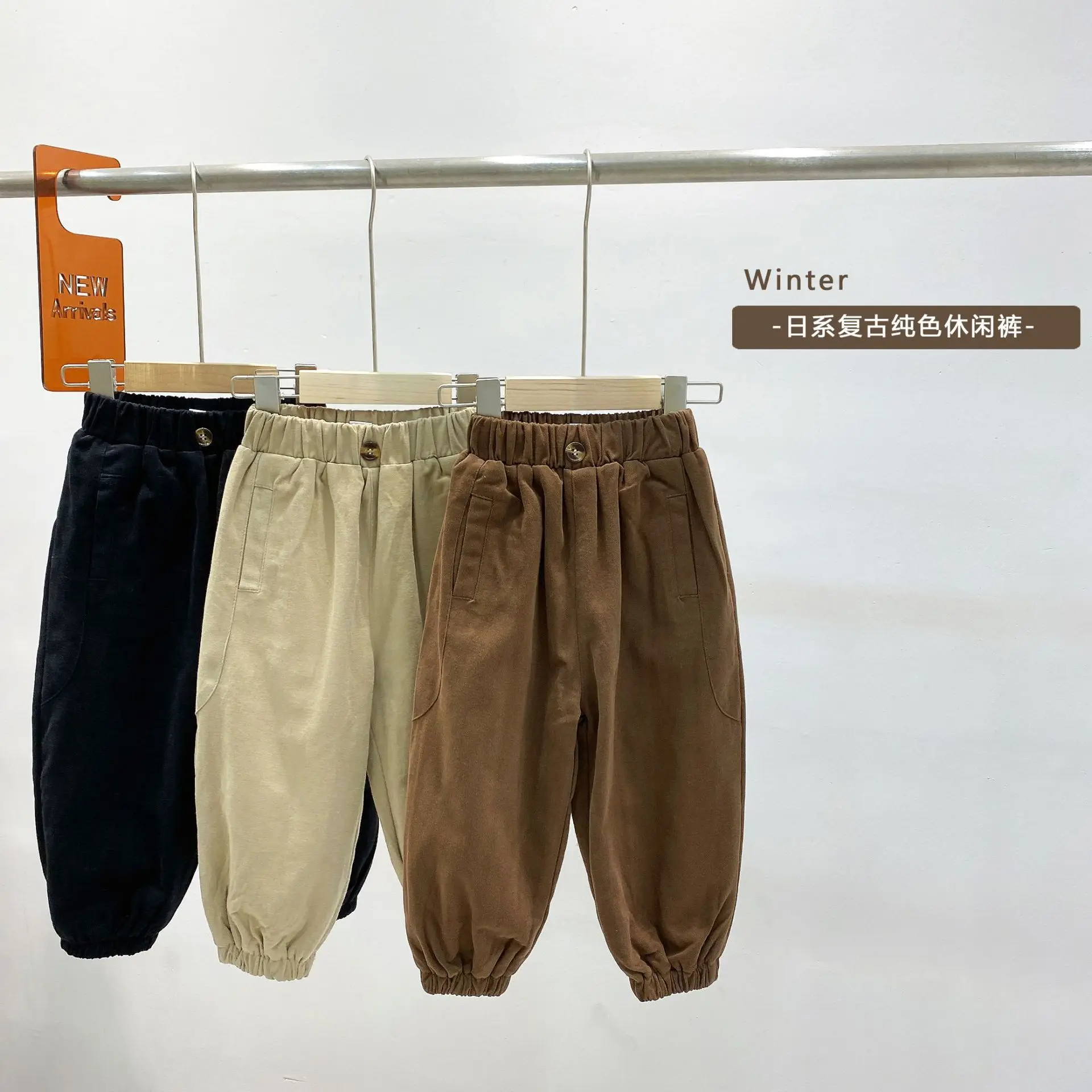 

2021 Winter New Children's Solid Color Plush Casual Pants Baby Korean Version Foreign Style Thickened Warm Pants