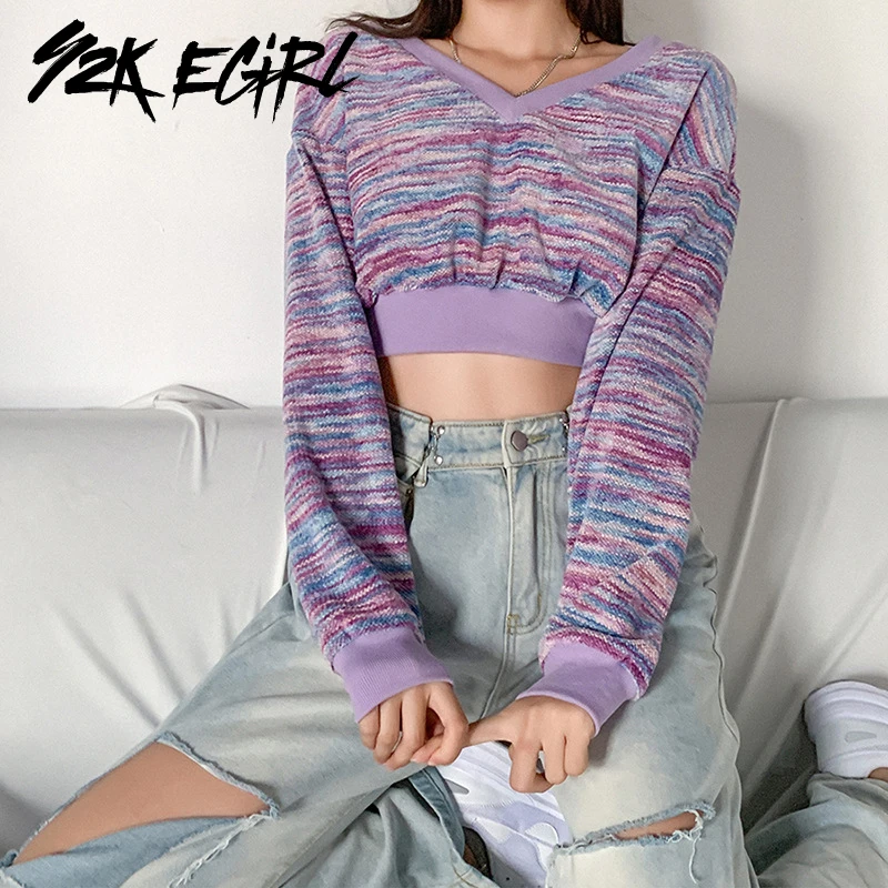 

Y2K EGIRL Fashion Sweet Crochet Colorful V-neck Patchwork Cropped Tops Autumn Loosed Long Sleeve Purple T-shirts Knitwear Casual