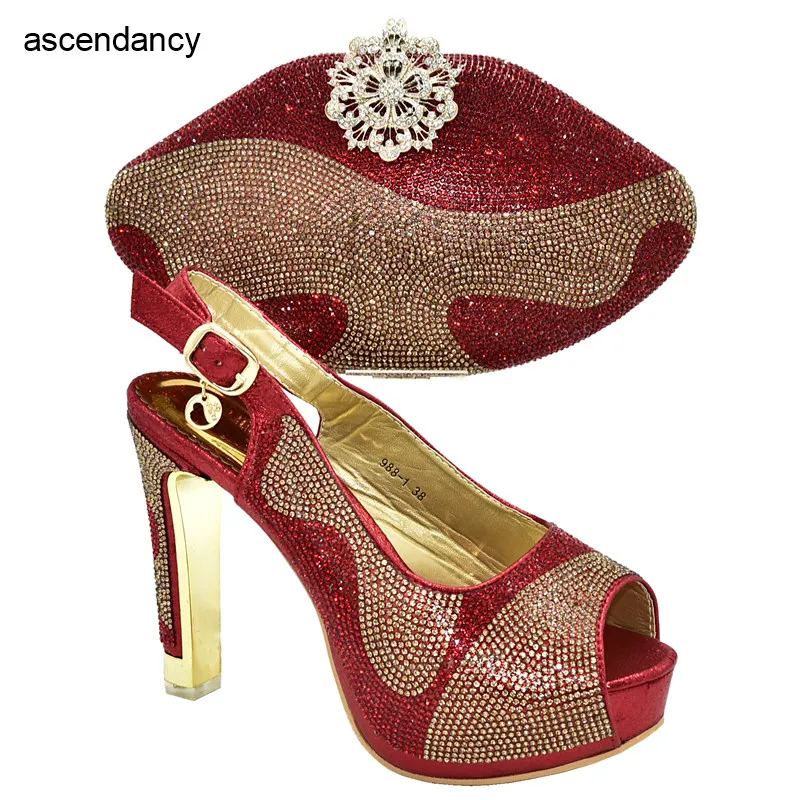 

New Arrival African Shoes and Bags Matching Set Decorated with Rhinestone Block Heel Shoes Nigerian Women Wedding Party Pumps