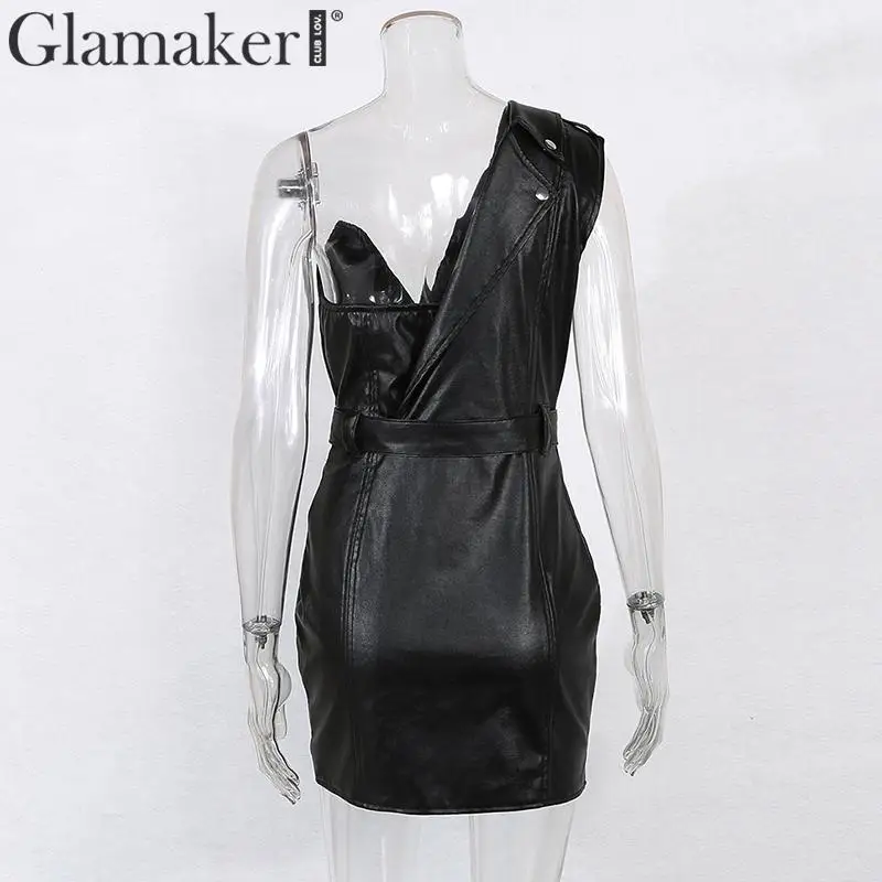 Glamaker из искусственной кожи платье на одно плечо сексуальное черное с поясом облегающее асимметричное платье рождественское шикарное платье на молнии для вечеринки с открытой спиной vestidos