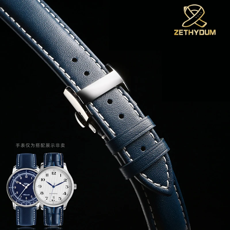 Blue Genuine Leather Watch Band Strap, 21mm/22mm – Premium Replacement Watch Strap Belt Bracelet
