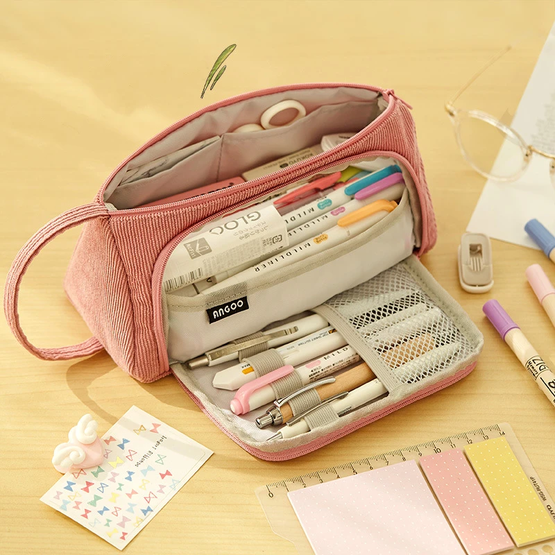 Angoo Corduroy Pen Bag Pencil Case Light Color Multi Slot Easy Handle Carry  Storage Pouch Organizer Stationery School F443