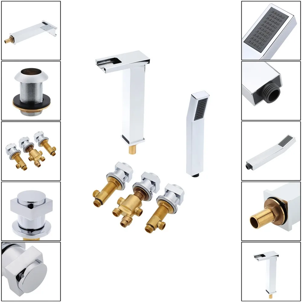 

Modern Bathroom Faucet Spout Valve Hand Shower Set Bath Taps Roman Tub Chrome Finish Color Waterfall Bathtub Faucets