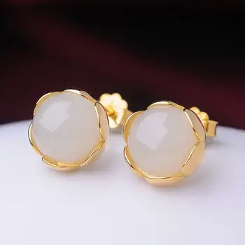 

SNew inlaid natural Hetian jade lotus earrings female small and round cute charm small fresh and delicate women's brand jewelry
