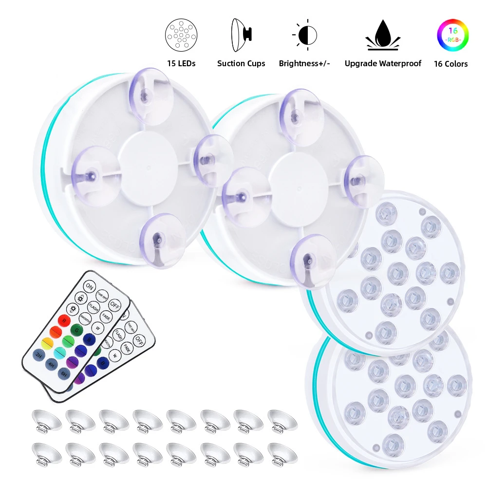 

Updated 15LED Underwater LED Light Remote Control Submersible Lamp IP68 Waterproof Garden Swimming Pool Bathroom Decoration