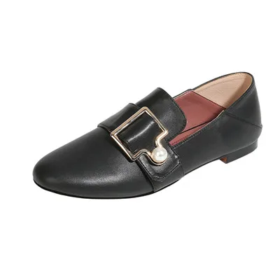 Black pearl buckle Два способа ношения; тонкие туфли на низком каблуке для женщин; модель года; Легкая женская обувь из белой кожи с квадратной круглой пряжкой и жемчужной пряжкой - Цвет: Black pearl buckle