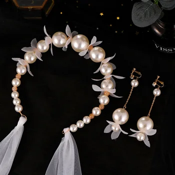 

FORSEVEN Women Girl Bride Noiva Wedding Party Flower Simulated Pearls Yarn Headband Pendant Earring Tiaras Crowns Hair Ornaments