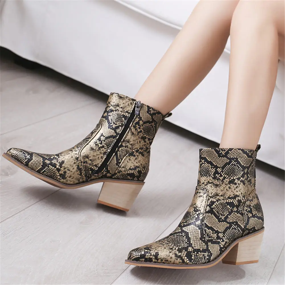 

Karinluna 2019 snake veins Big Size 43 Ankle Boots Shoes Woman chunky Heels zip up Women Western Boots Female Shoes Booties