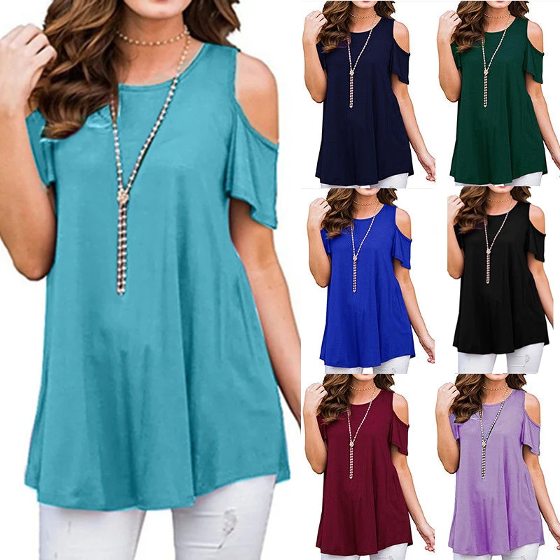 Plus Size Women Shirt Summer Tops Female Solid Short Sleeve O Neck Off