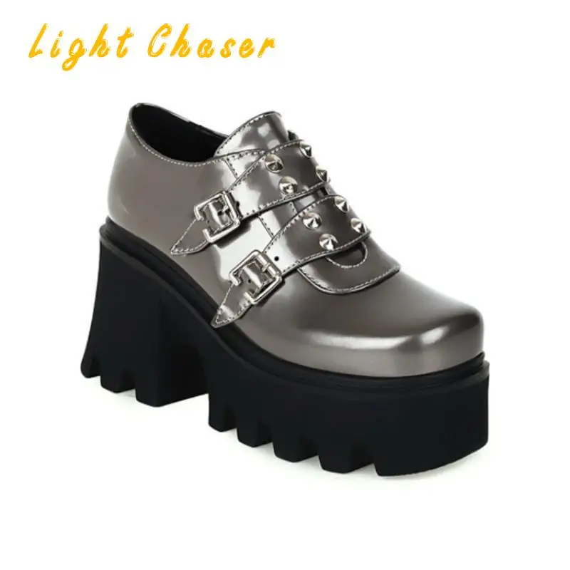 

Fashion Thick-soled Women's Shoes Square Heel Increase Belt Buckle Women's Leather Shoes Women's High Heels Large Size 35-43