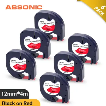 

Absonic 6PK Black on Red 91203 Label Maker Compatible for DYMO LT-100H LT-100T LetraTag 12mm Label Tapes Plastic Printer Ribbon