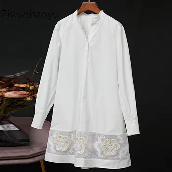 

Ziwwshaoyu Fashion Sequins Flower Embroidery Long Sleeve 100% Cotton Spring Summer White Dresses Women's High Quality Clothing