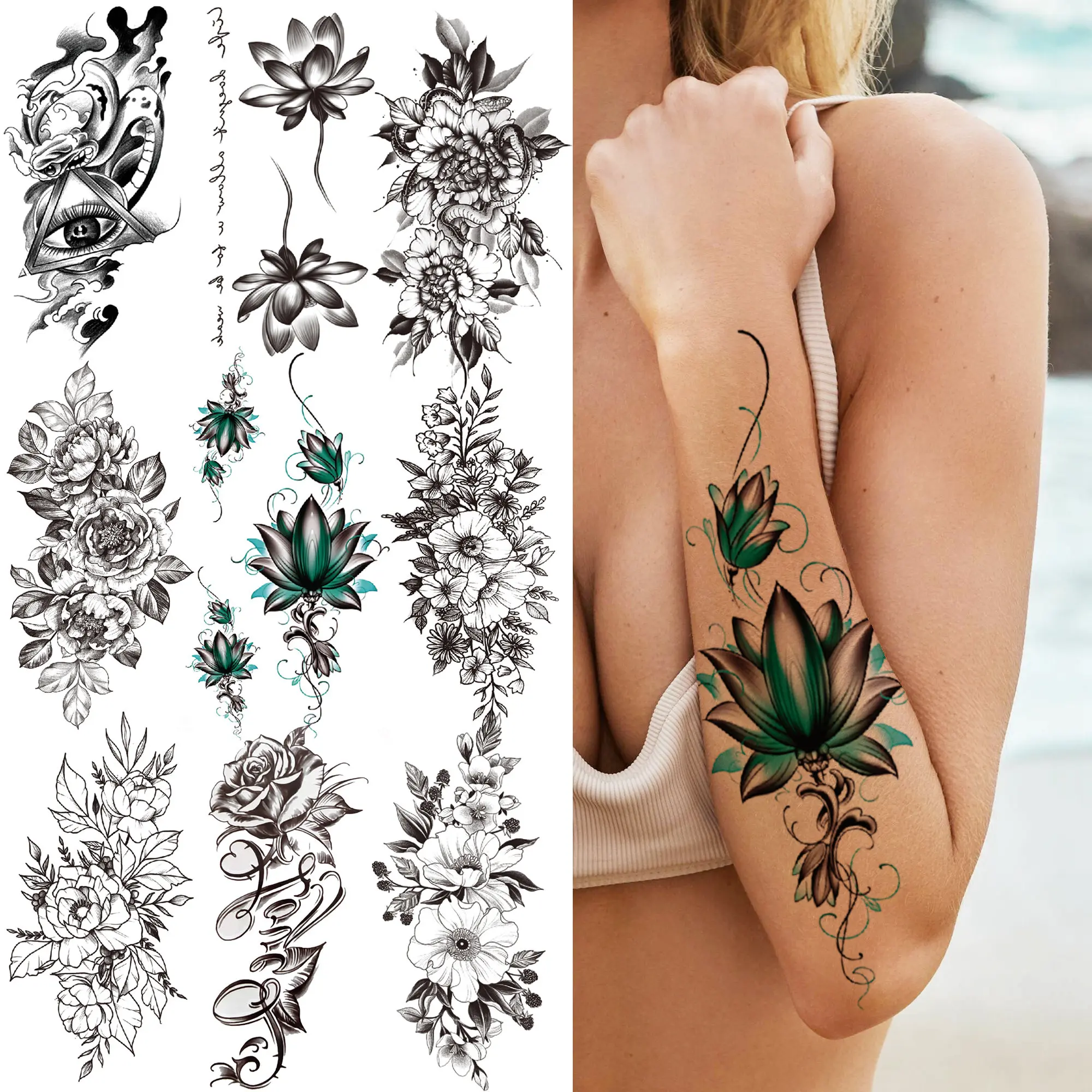 

3D Lotus Chains Temporary Tattoo For Girl Women Black Triangle Eye Flower Tattoos Sticker Fake Peony Orchid Rose Tatoos Arm Back