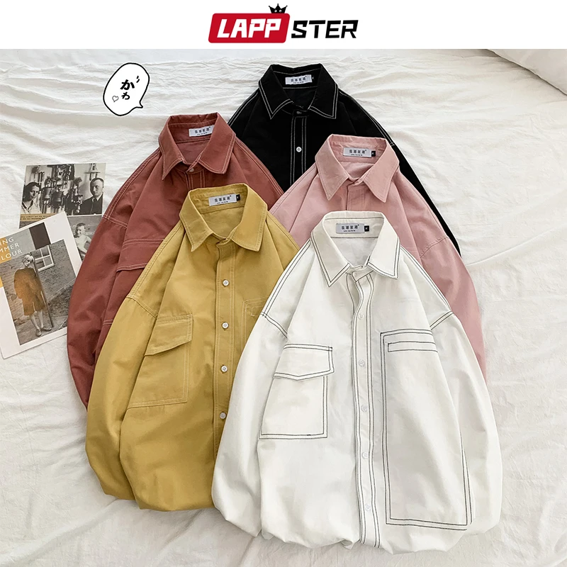 LAPPSTER мужские Твердые Harajuku рубашки с длинным рукавом 2020 Мужская Карманы Рубашки