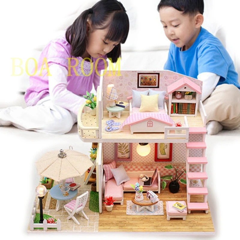 DIY Кукольный дом, деревянные кукольные домики, миниатюрный мини кукольный домик, мебель, набор со светодиодный игрушками, Детский Рождественский подарок, M033, розовый Лофт - Цвет: HOUSE
