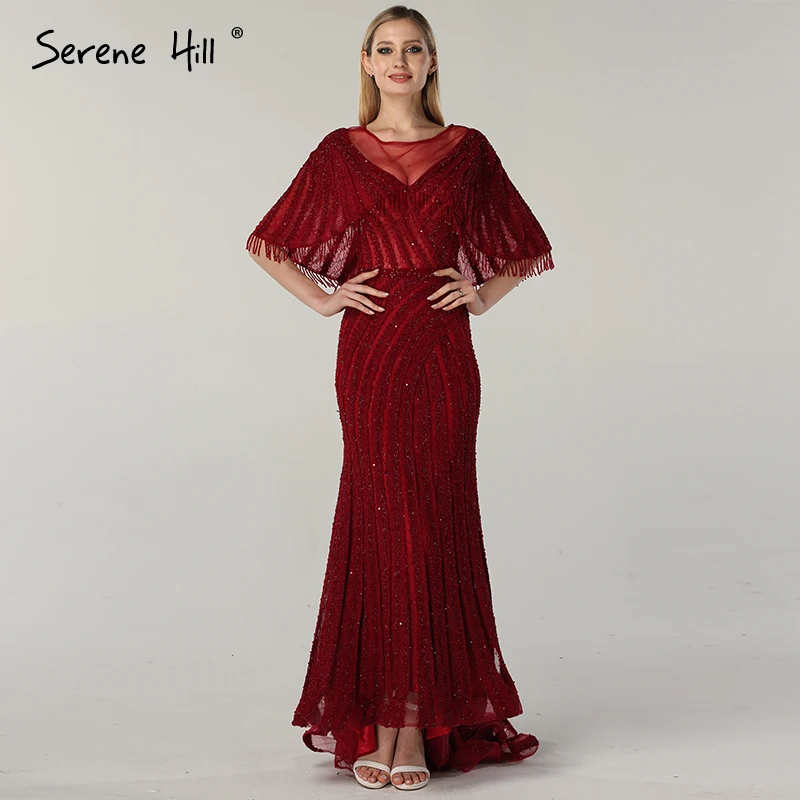 

Wine Red Sleeveless Shawl Yarn Evening Dresses 2019 Beading Sequined Fashion Design Evening Gowns Serene Hill LA60800