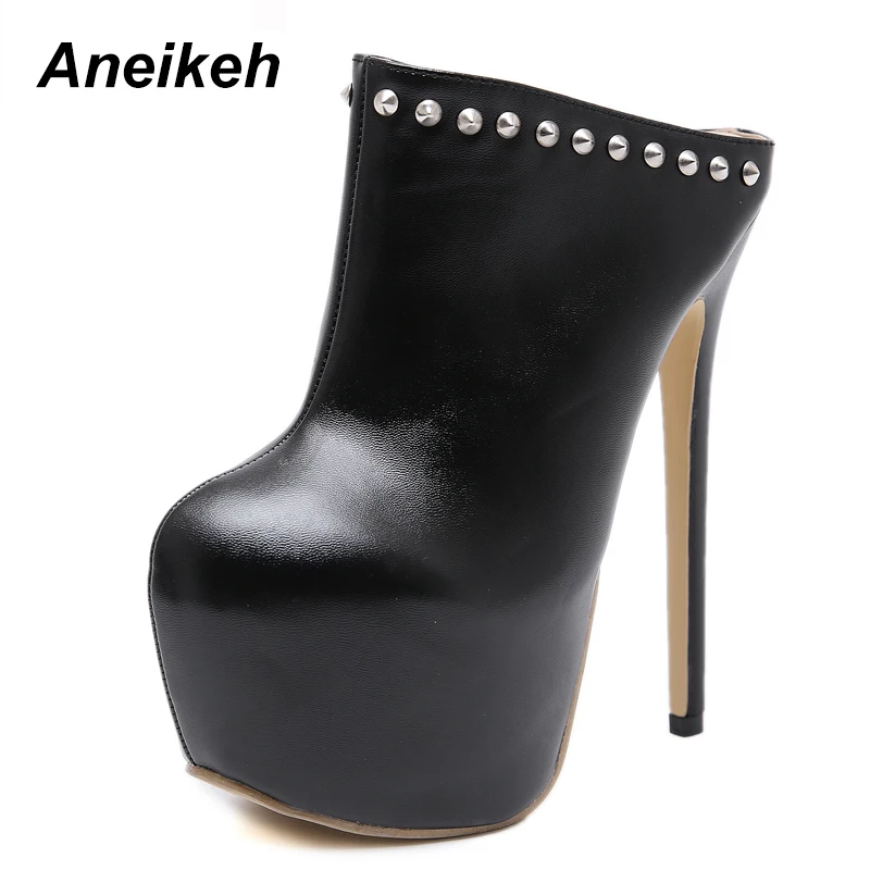 Aneikeh пикантные сапоги с высоким туфли-лодочки на каблуке Женская обувь на платформе с круглым носком и заклепками в стиле панк слипоны Дамская обувь без задника с открытыми пальцами обувь "слингбэк" - Цвет: Black