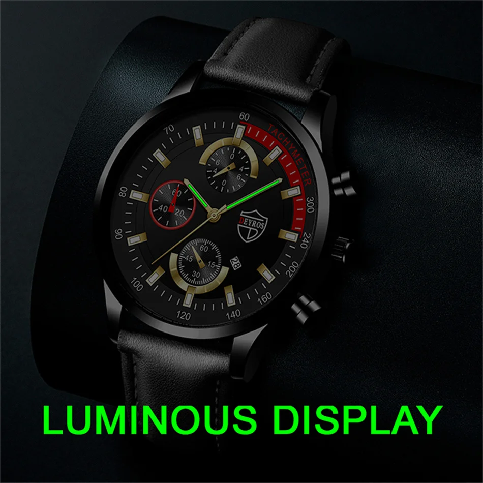 Luxury Mens Leather Watches Stainless Steel Fashion Calendar Quartz Wrist Watch Leather Bracelet Male Business Luminous Clock