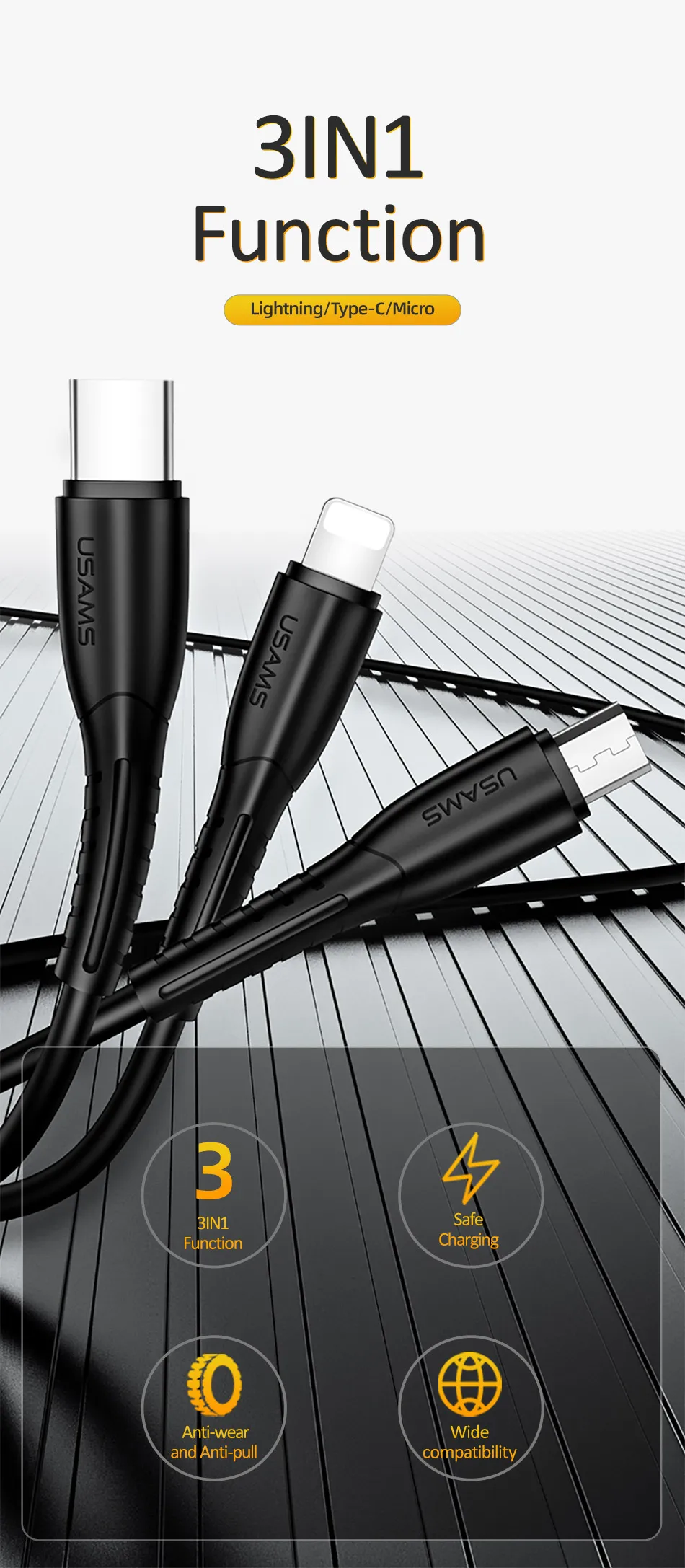 USAMS 3 в 1 USB кабель type C кабель для samsung s9 plus Micro usb кабель для зарядки для iPhone X 8 7 6s Plus 5 5S SE 5c C кабель
