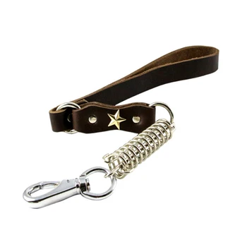 

Genuine Leather dog Short chain leash Explosion proof large dog lead leather handle big dog leashes Spring buffer metal pet