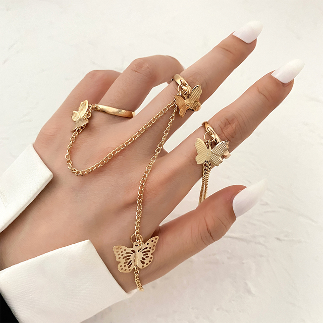 Punk Gold Color Long Chain Butterfly Shape Ring for Women Girls Fashion Hiphop Rings Party Jewelry Gift