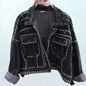 

Spring Autumn Short Balck Denim Jacket Women Handmade Rivet Beaded Denim Coat Pockets Streetwear Loose Oversize Female Top BW01