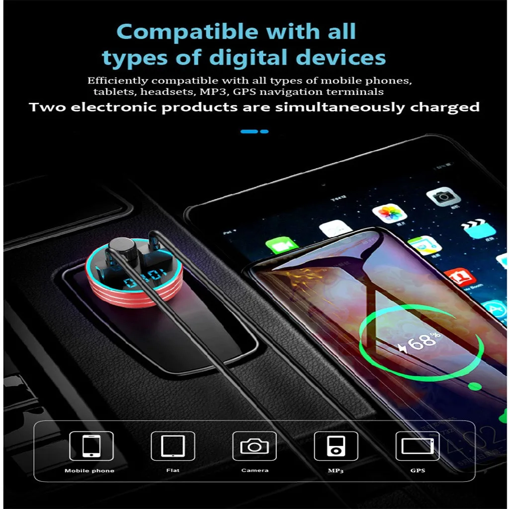 Многоцветное автомобильное зарядное устройство Qc3.0 с двумя usb-портами, Bluetooth 5,0, mp3-плеер, fm-передатчик, автомобильное зарядное устройство для телефона, быстрое зарядное устройство, Usb зарядное устройство