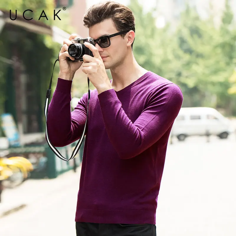 UCAK Brand Merino Wool Sweater Men Autumn Winter Cashmere Pullover Men Casual V-Neck Mens Sweaters Pure Color Pull Homme U3054