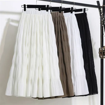 

Elegant Solid Loose Long Skirts Women Summer Pleated Casual Skirt Female Office Style Skirt