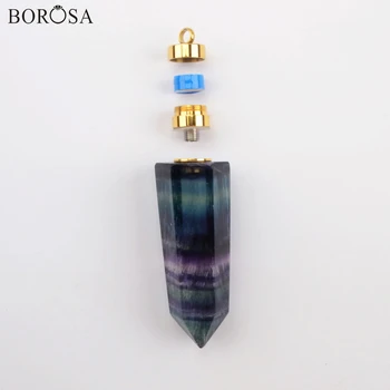 

BOROSA Hexagon Rainbow Fluorite Perfume Bottle Pendant with Led Luminous Natural Crystal Point Charms for Gold Necklace G1977